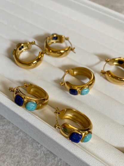 Athena - gold hoops, blue stones hoops. χρυσοι κρικοι, χρυσοι κρικοι μπλε πετρες