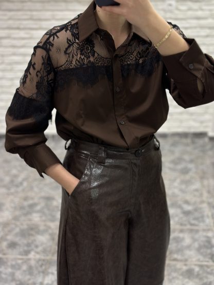 jo shirt - brown shirt, lace shirt, cotton shirt, oversized shirt, καφε πουκαμισο, πουκαμισο με δαντελα, πουκαμισο μακρυ, πουκαμισο oversized, πουκαμισο ποπλινα, πουκαμισο βαμβακερο