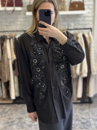 marlin shirt - black shirt, sheer shirt, embellished shirt, μαυρο πουκαμισο, πουκαμισο με στρασ