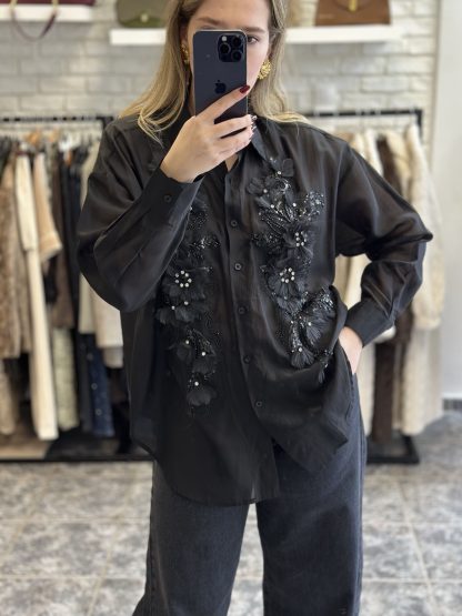 marlin shirt - black shirt, sheer shirt, embellished shirt, μαυρο πουκαμισο, πουκαμισο με στρασ
