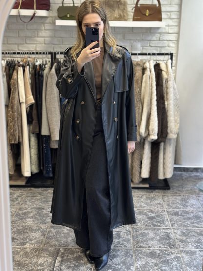 lucinda tench coat - eco leather trench coat, long trench coat, black trench coat, καπαρντινα δερματίνη, μαυρη καπραντινα, καπαρντινα δερμα, μακρια καπαρντινα