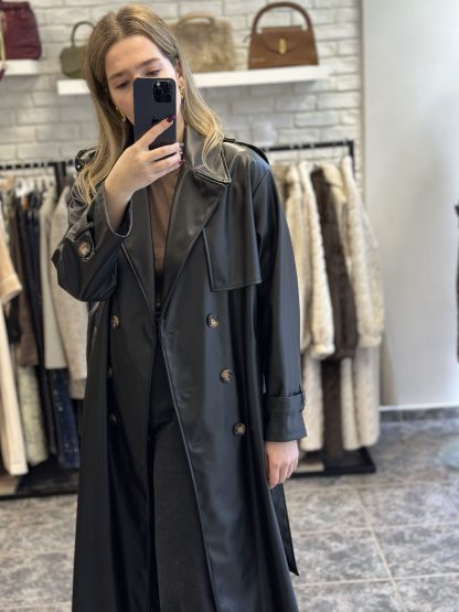 lucinda tench coat - eco leather trench coat, long trench coat, black trench coat, καπαρντινα δερματίνη, μαυρη καπραντινα, καπαρντινα δερμα, μακρια καπαρντινα