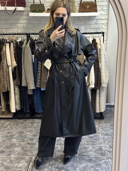 lucinda tench coat - eco leather trench coat, long trench coat, black trench coat, καπαρντινα δερματίνη, μαυρη καπραντινα, καπαρντινα δερμα, μακρια καπαρντινα