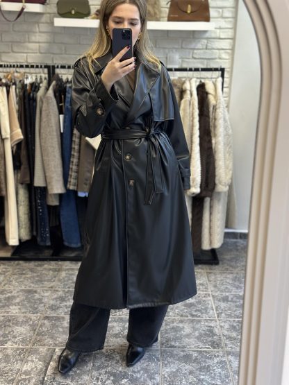 lucinda tench coat - eco leather trench coat, long trench coat, black trench coat, καπαρντινα δερματίνη, μαυρη καπραντινα, καπαρντινα δερμα, μακρια καπαρντινα