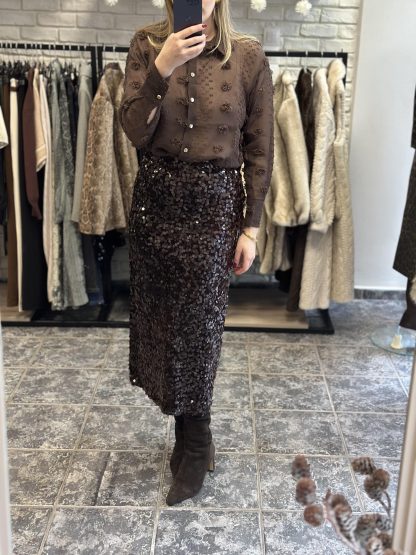Linnea brown - shiny skirt, sequin skirt, midi skirt, pencil skirt, φουστα με παγιετες, μιντι φουστα, στενη φουστα