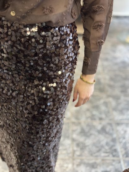 Linnea brown - shiny skirt, sequin skirt, midi skirt, pencil skirt, φουστα με παγιετες, μιντι φουστα, στενη φουστα