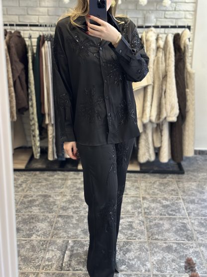 Leonnie set - satin set, black set, pyjama set, embellished set, μαυρο σετ, πυτζαμα σετ, σατεν σετ