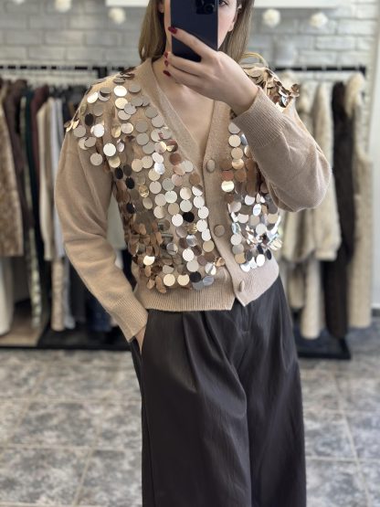 Gustava cardigan - beige cardigan, short cardigan, sequin cardigan, κοντη ζακετα, ζακετα με πουλιες, μπεζ ζακετα