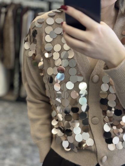 Gustava cardigan - beige cardigan, short cardigan, sequin cardigan, κοντη ζακετα, ζακετα με πουλιες, μπεζ ζακετα