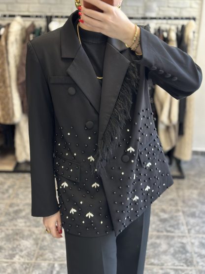 Adaliza blazer - black blazer, embellished blazer, feather blazer, μαυρο σακακι, σακακι με φτερα, σακακι με στρας