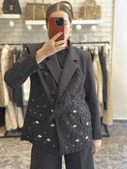 Adaliza blazer - black blazer, embellished blazer, feather blazer, μαυρο σακακι, σακακι με φτερα, σακακι με στρας