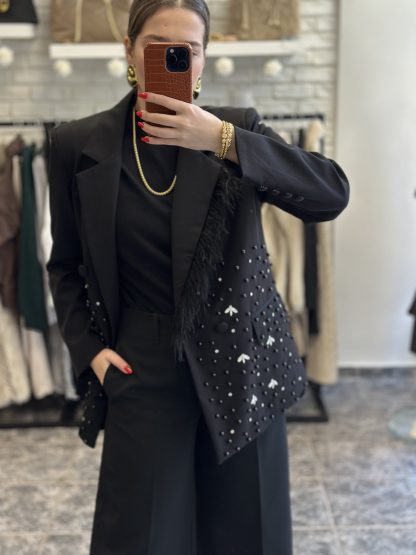 Adaliza blazer - black blazer, embellished blazer, feather blazer, μαυρο σακακι, σακακι με φτερα, σακακι με στρας