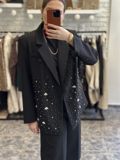 Adaliza blazer - black blazer, embellished blazer, feather blazer, μαυρο σακακι, σακακι με φτερα, σακακι με στρας