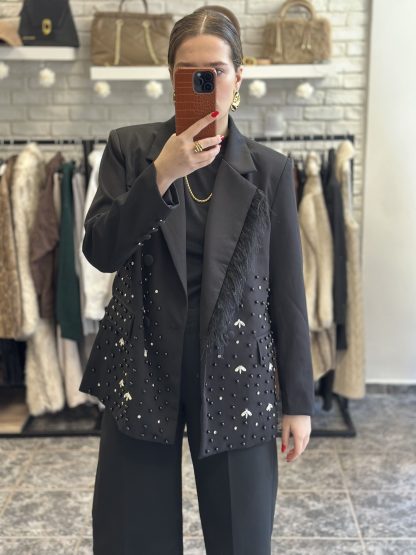 Adaliza blazer - black blazer, embellished blazer, feather blazer, μαυρο σακακι, σακακι με φτερα, σακακι με στρας