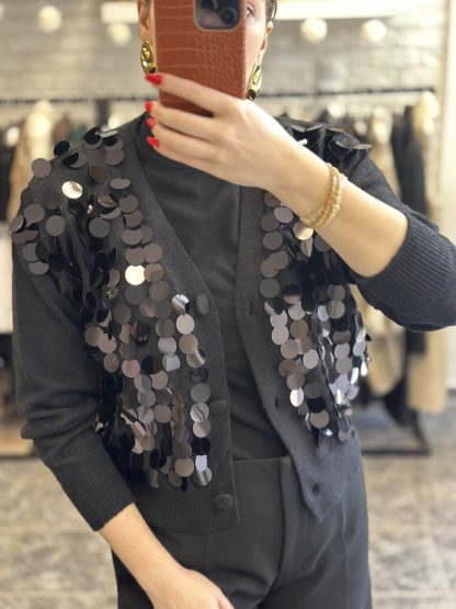 Gustava cardigan - black cardigan, short cardigan, sequin cardigsn, κοντη ζακετα, ζακετα με πουλιες, μαυρη ζακετα
