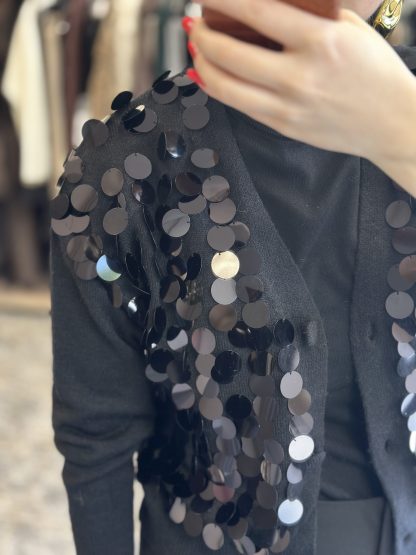 Gustava cardigan - black cardigan, short cardigan, sequin cardigsn, κοντη ζακετα, ζακετα με πουλιες, μαυρη ζακετα